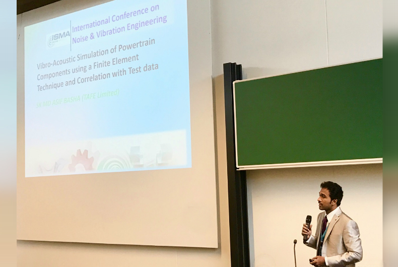 Asif Basha K from TAFE R&D presents a paper at the 2016 Leuven Conference on Noise and Vibration Engineering